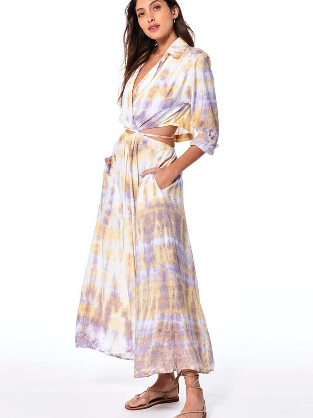 Tie-Dye Lavender & Yellow Maxi Dress with Waist Cutout